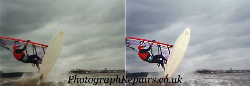 drab photograph of a windsurfer lacking colours and after being enhanced