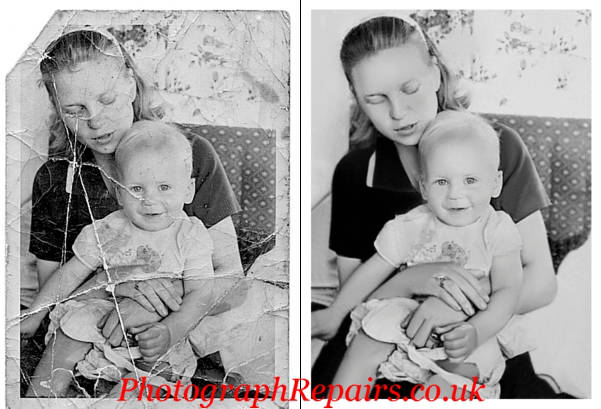 Shows some cracks repaired on an old photograph.