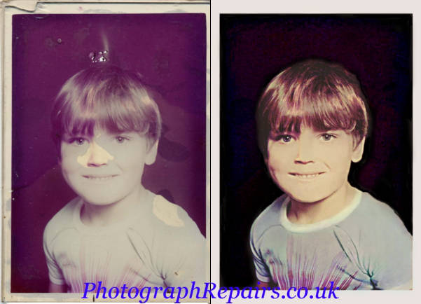 Shows restoration of a photo with water damage.